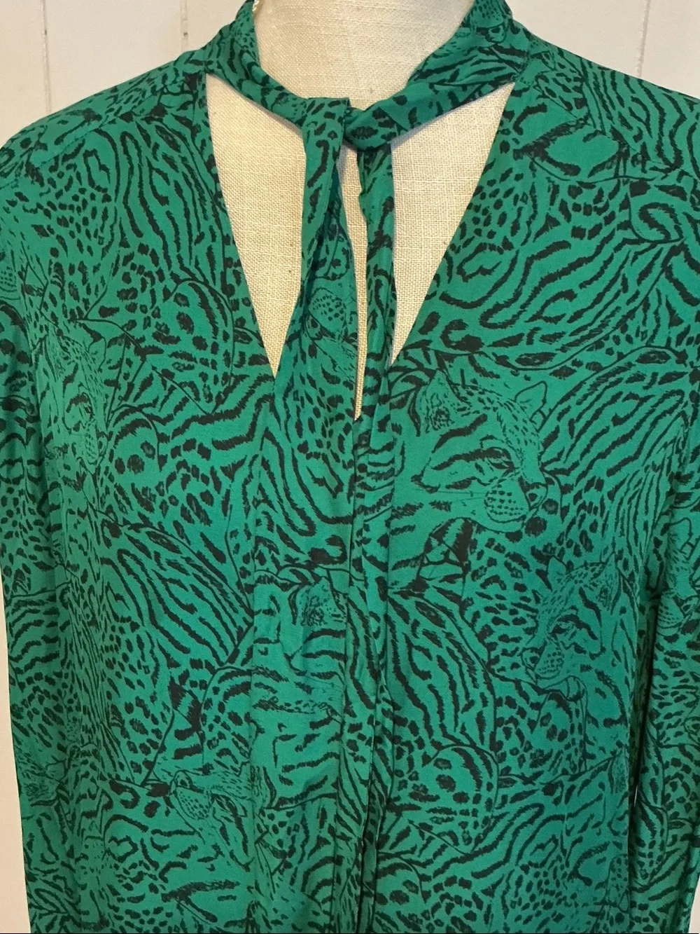 Parker Green Printed Long-Sleeve Tie-Neck Dress